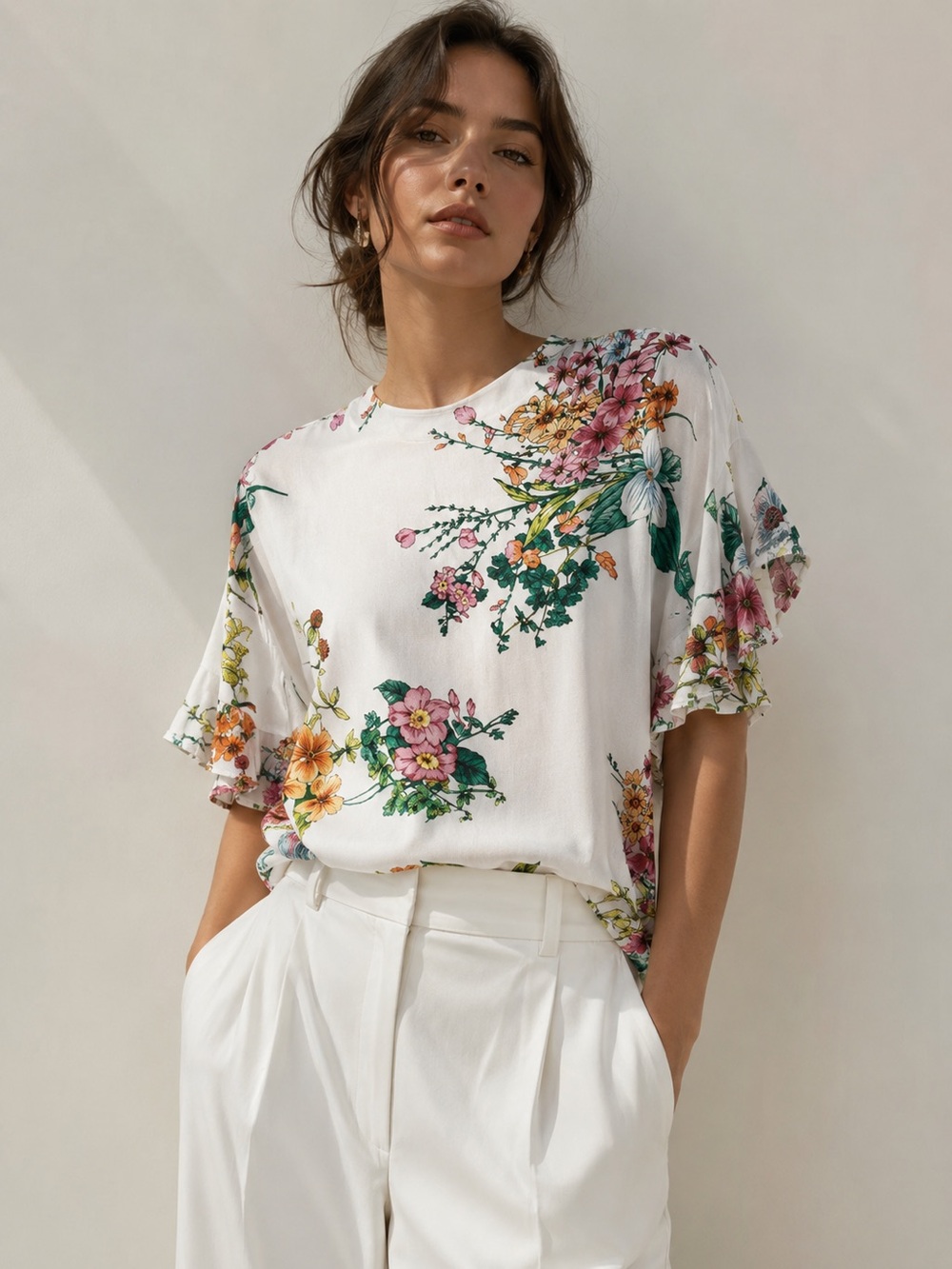Zara White Botanical Floral Flutter Sleeve Blouse | Boho Top | Size Small - Picture 2 of 4